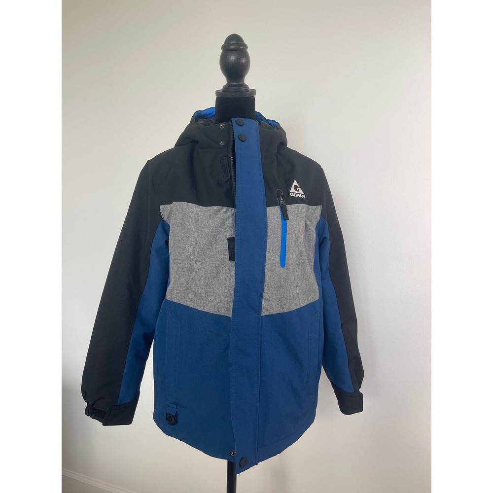 Gerry Kids Blue Black Grey Colorblock Hooded Winter Ski Jacket Size M 10/12
